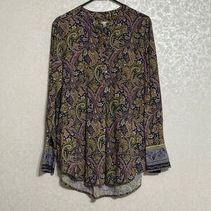 Loft Paisley Multicolored Print Henley Button Up Long Sleeve Tunic Blouse‎ Top M